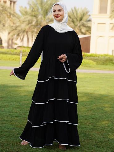 Bulk Abaya With Frill Work And White Piping Work In Black