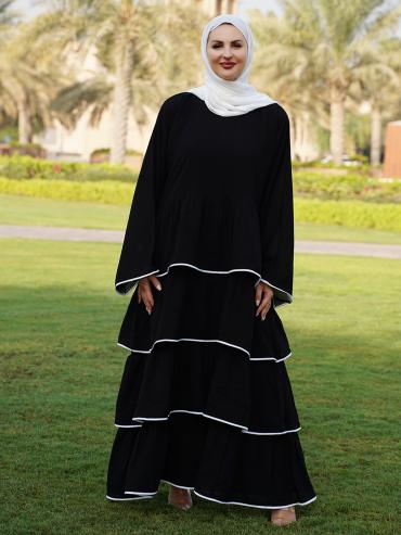 Bulk Abaya With Frill Work And White Piping Work In Black