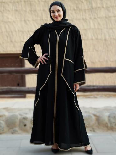 Bulk Black Abaya with an Attached Shrug and DoubleLayered Sleeves