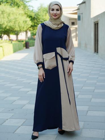 Bulk Zoom Abaya With One Side Pocket And Attached Belt In Beige And Navy Blue