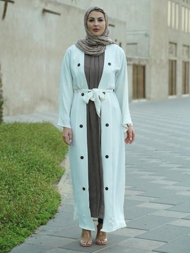 Bulk CEY Modest Dress with a Shrug Show Buttons and a Belt in Offwhite and Brown