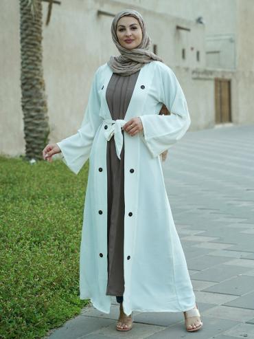 Bulk CEY Modest Dress with a Shrug Show Buttons and a Belt in Offwhite and Brown
