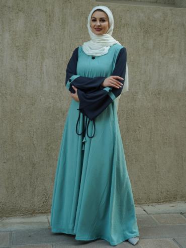 Bulk CEY Modest Dress with Show Buttons on the Front and Sleeves and an Attached Belt in Turquoise