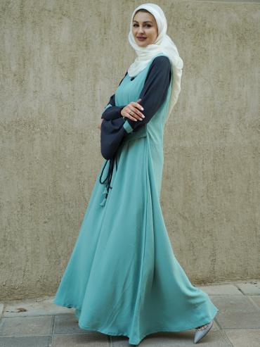 Bulk CEY Modest Dress with Show Buttons on the Front and Sleeves and an Attached Belt in Turquoise