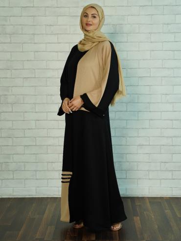 Bulk Zoom Simple Abaya with Black Crystal Handwork on the Front in Black and Beige