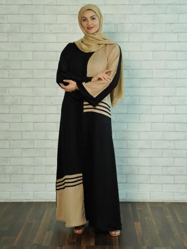Bulk Zoom Simple Abaya with Black Crystal Handwork on the Front in Black and Beige