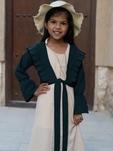 Bulk Kids Modest Dress with Frill Work and a Coat in Dark Green and Cream