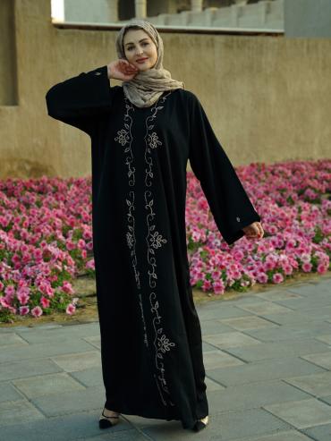Bulk Zoom Modest Dress with Crystal Handwork on the Front and Sleeves in Black
