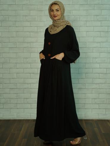 Bulk Modest Dress with Two Side Pockets and Show Buttons on the Front in Black