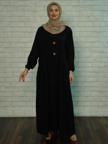 Bulk Modest Dress with Two Side Pockets and Show Buttons on the Front in Black
