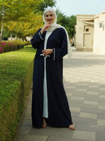 Bulk CEY Modest Dress with a Shrug and Show Button in OffWhite and Navy Blue