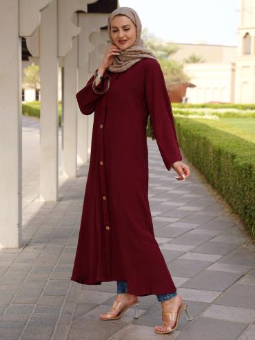 Bulk Maroon Modest Dress with a Show Button on the Front and Beige Piping on the Sleeves