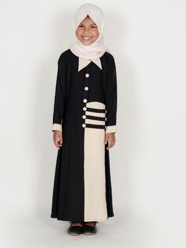 Bulk Collared Kids Abaya with Show Buttons on the Front in Cream and Black