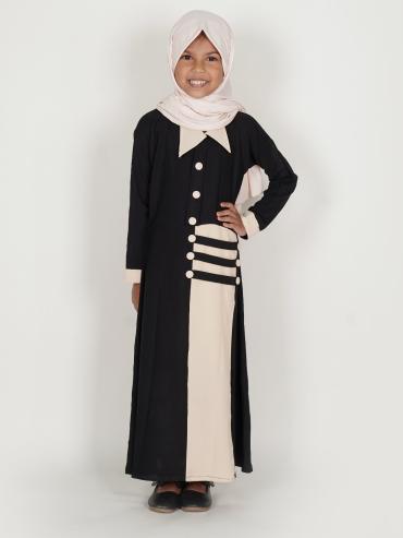 Bulk Collared Kids Abaya with Show Buttons on the Front in Cream and Black