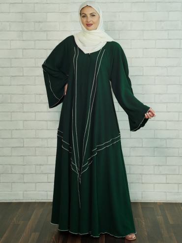 Bulk Modest Abaya with White Overlock Design on the Front and Sleeves in Dark Green