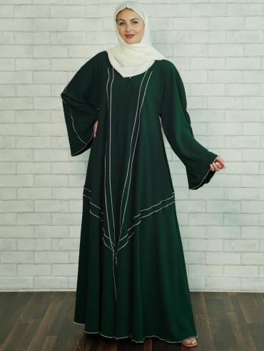 Bulk Modest Dress With White Over Lock Design In Front And Sleeve In Dark Green