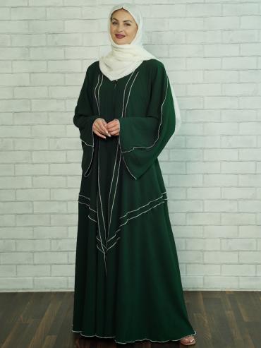 Bulk Modest Abaya with White Overlock Design on the Front and Sleeves in Dark Green