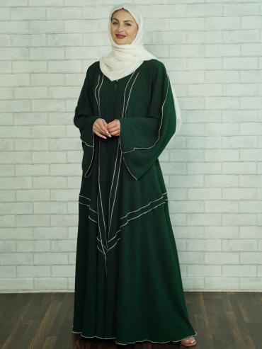 Bulk Modest Dress With White Over Lock Design In Front And Sleeve In Dark Green