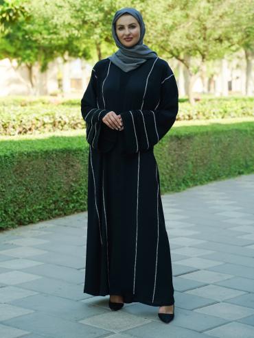 Bulk Zoom Abaya with Beaded Handwork on the Front and Sleeves in Black