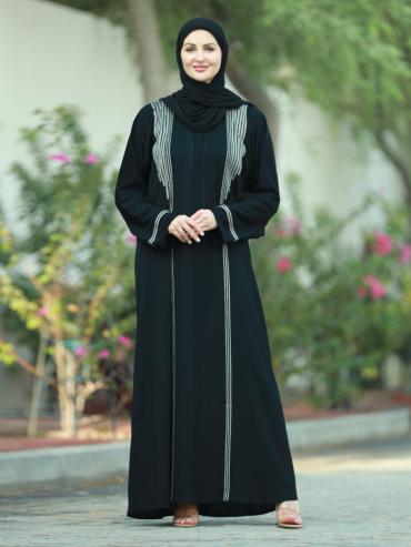 Bulk Black Zoom Abaya with Dori Ribbon and Black Handwork on the Front and Sleeves 