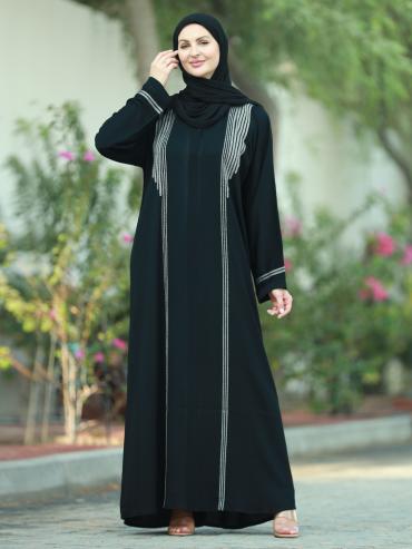 Bulk Black Zoom Abaya with Dori Ribbon and Black Handwork on the Front and Sleeves 