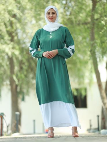 Bulk Modest Dress with Show Buttons on the Front and a Belt in Teal and OffWhite