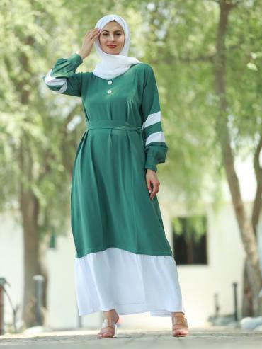 Bulk Modest Dress with Show Buttons on the Front and a Belt in Teal and OffWhite