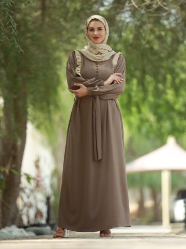 Bulk Modest Dress with Frill Work Show Buttons on the Front and a Belt in Brown