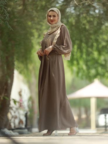 Bulk Modest Dress with Frill Work Show Buttons on the Front and a Belt in Brown