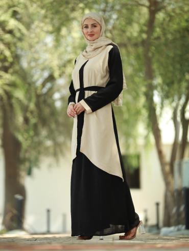 Bulk Modest Dress with an Attached Shrug and a Belt in Cream and Black