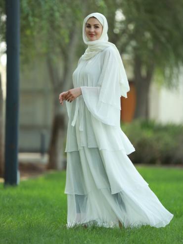 Bulk Front Open Layered Modest Dress with a Belt in White