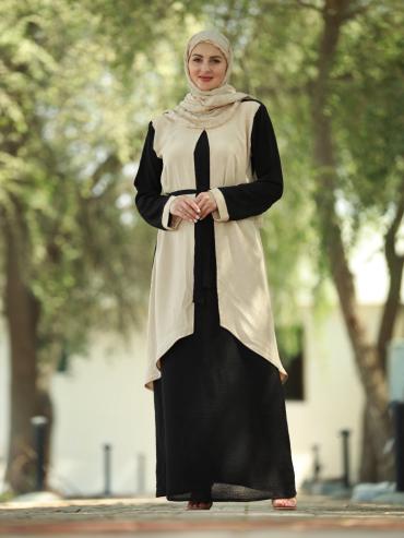 Bulk Modest Dress with an Attached Shrug and a Belt in Cream and Black