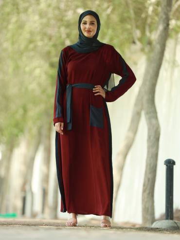 Bulk Modest Dress with a One Side Pocket and a Belt in Maroon and Dark Grey