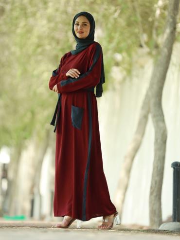 Bulk Modest Dress with a One Side Pocket and a Belt in Maroon and Dark Grey