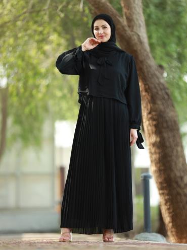 Bulk Chiffon Pleated Modest Dress With Tie Up Neck In Black