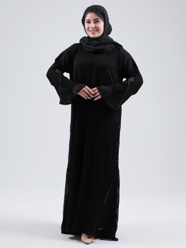 Bulk Gulf Zoom Abaya With Handwork And Pleated Chiffon In Black.