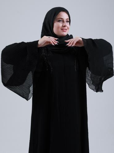 Bulk Black Zoom Abaya with Pleated Chiffon and Handwork