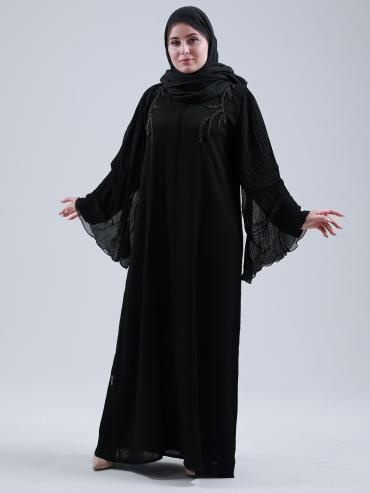 Bulk Black Zoom Abaya with Pleated Chiffon and Handwork