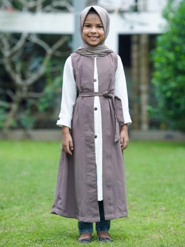 Bulk Brown and OffWhite Kids Modest Dress with a Shrug and Show Buttons on the Front and Sleeves