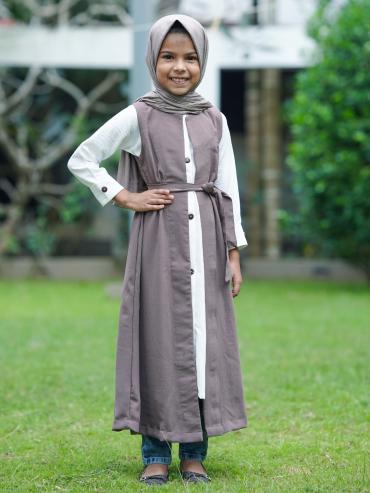 Bulk Brown and OffWhite Kids Modest Dress with a Shrug and Show Buttons on the Front and Sleeves