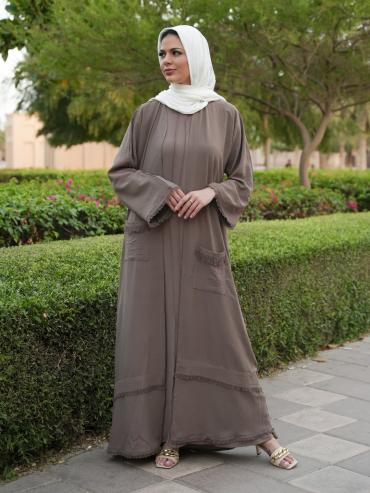 Bulk Modest Dress with Weaving Yarn Work on the Front and Pocket in Brown
