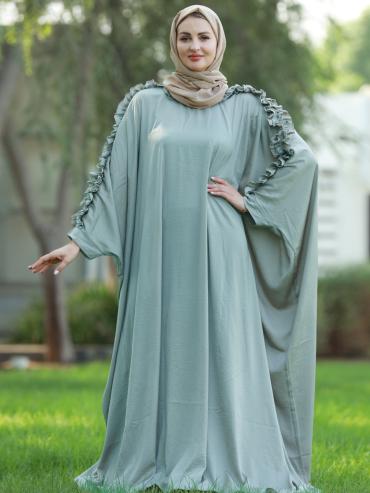 Bulk Kaftan with Frill Work on the Sleeves and Neck in Chrome Grey