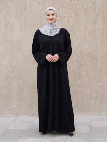 Bulk Black Nida Matte FrontOpen Abaya with Crystal Work on the Sleeves