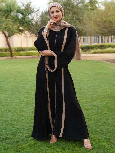 Bulk Abaya with Beige Band Work on the Front and Sleeve Bottom in Black