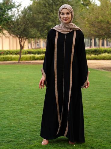 Bulk Abaya with Beige Band Work on the Front and Sleeve Bottom in Black