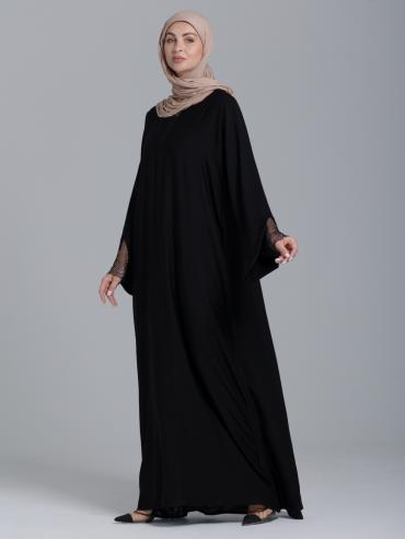 Bulk Simple Abaya with Rhinestone Net Mesh on the Sleeves in Black