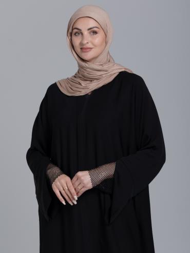 Bulk Simple Abaya with Rhinestone Net Mesh on the Sleeves in Black
