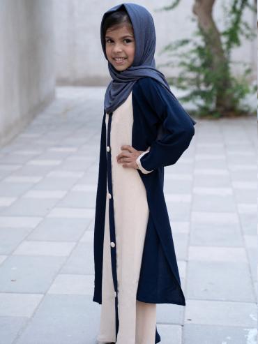 Bulk Shrug Abaya for Kids with Show Buttons on the Front in Navy Blue and Cream