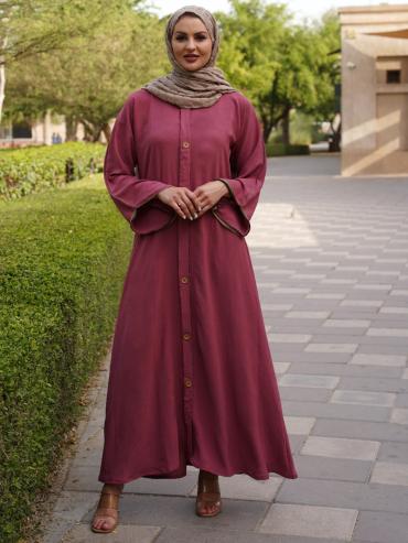 Bulk Puce Pink Modest Dress with a Show Button on the Front and Beige Piping on the Sleeves