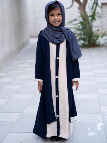 Bulk Shrug Abaya for Kids with Show Buttons on the Front in Navy Blue and Cream